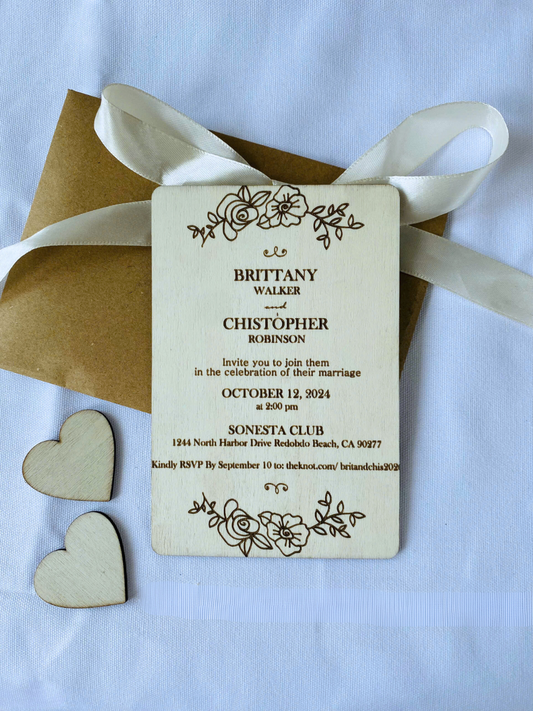 Personalized custom laser cutting engraving wooden invitation.