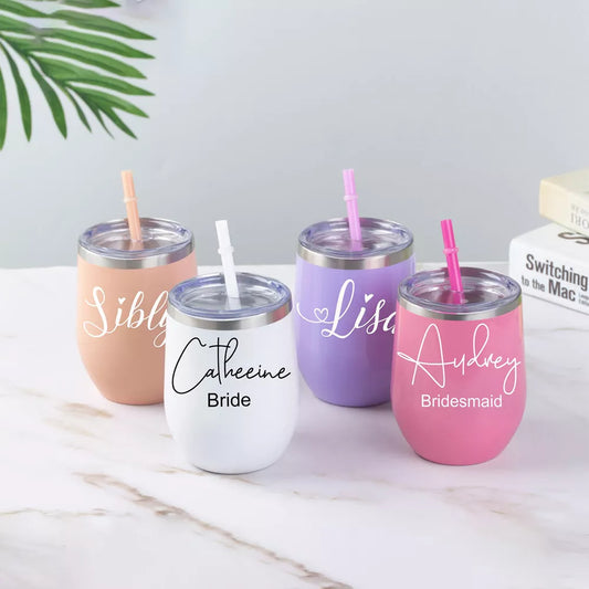 Personalized Wine Tumbler With Straw Christmas Gifts Custom Wedding Gift Wine Cup Bachelorette Party Favors Bridesmaid Gift