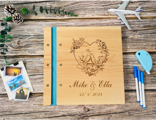 Anniversary Personalized Wooden Guest Book - Bird Love - Card stock paper balck white (Photo Book)