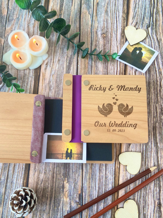 Wedding Personalized Wooden Guest book- love birds- card stock paper black white (Mini size)