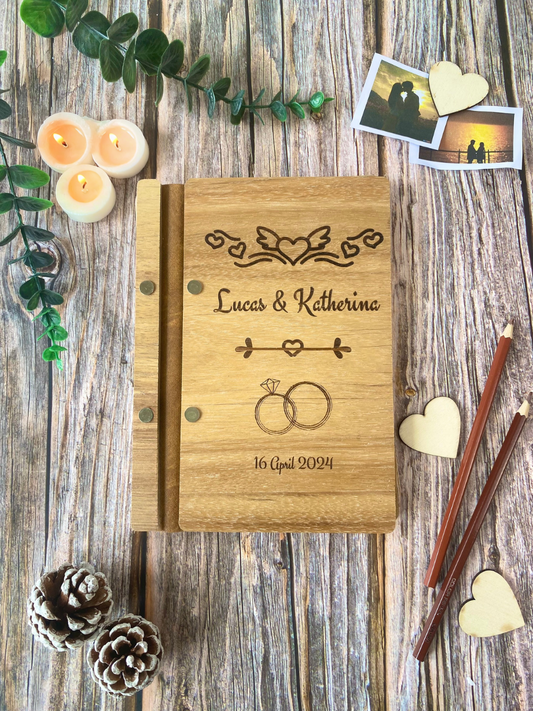 Engegament Personalized Wooden Scrapbook- Text, wedding ring, heart- card stock paper black white (A5 size)