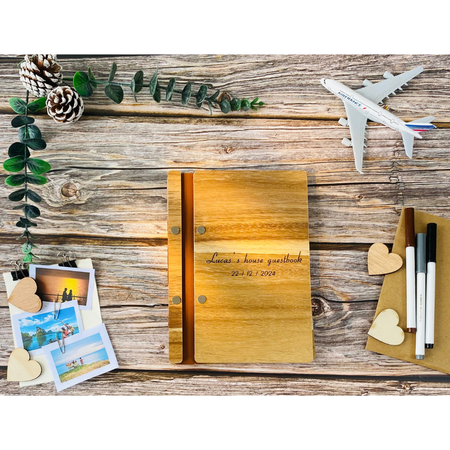 Personalized Wooden Guest book- Text- card stock paper black white (A5 size)