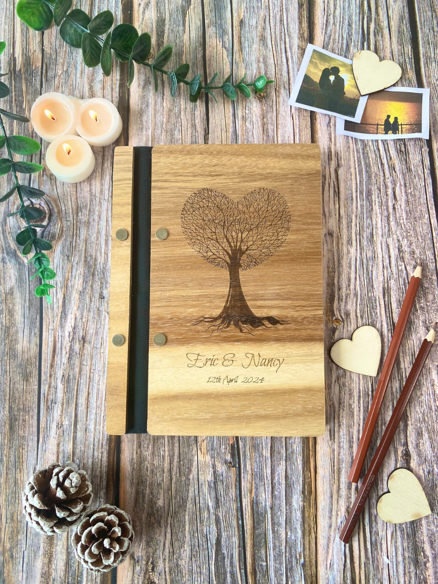 Wedding Personalized Wooden Scrapbook- Love Tree- card stock paper black white (A5 size)