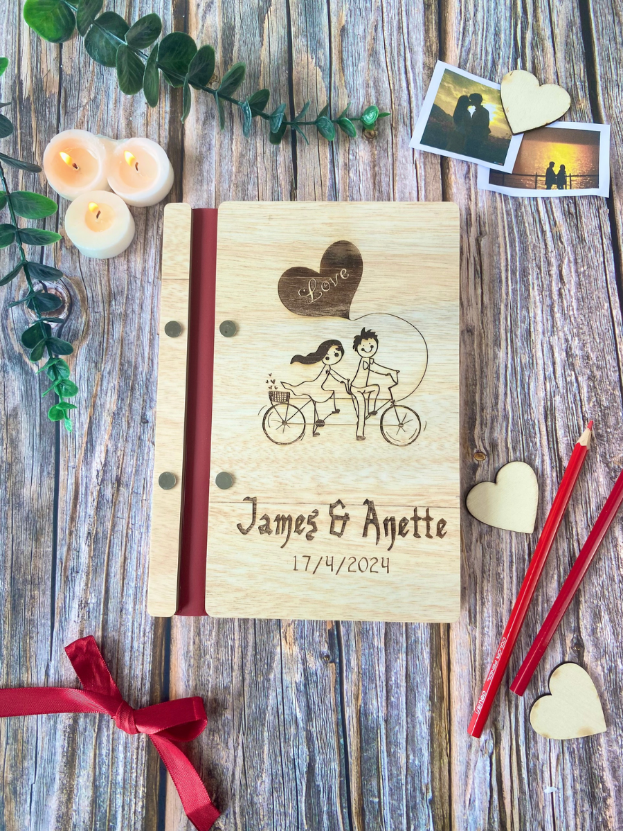 Anniversary Personalized Wooden Scrapbook- couple in love - card stock paper black white (A5 size)