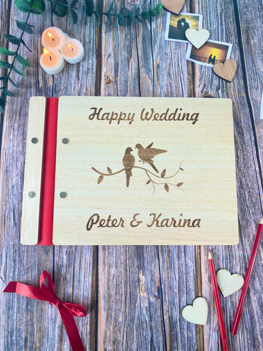 Wedding Personalized Wooden Guest book- happy bird- card stock paper black white (A4 size)