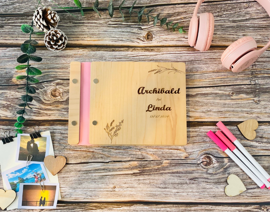 Wedding Personalized Wooden Craft Book- text- card stock paper black white (A5 size)