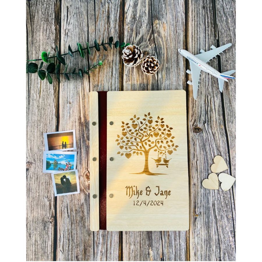 Anniversary Personalized Wooden Guest Book- Love Tree- card stock paper black white (A4 pocket size)