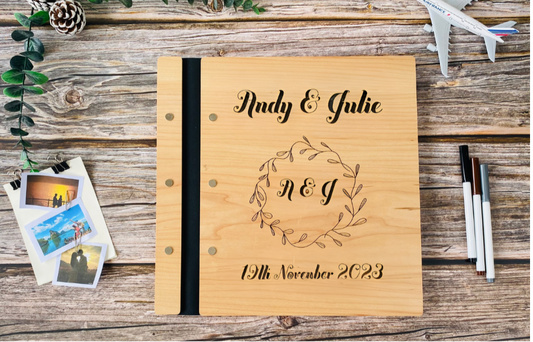 Engegament Personalized Wooden Guest book- text- card stock paper black white (Photo book size)