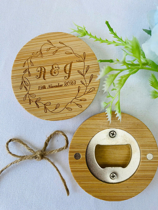 Custom Engraved Wooden Fridge Magnet Bottle Opener, Customized Wedding Gift For Guest